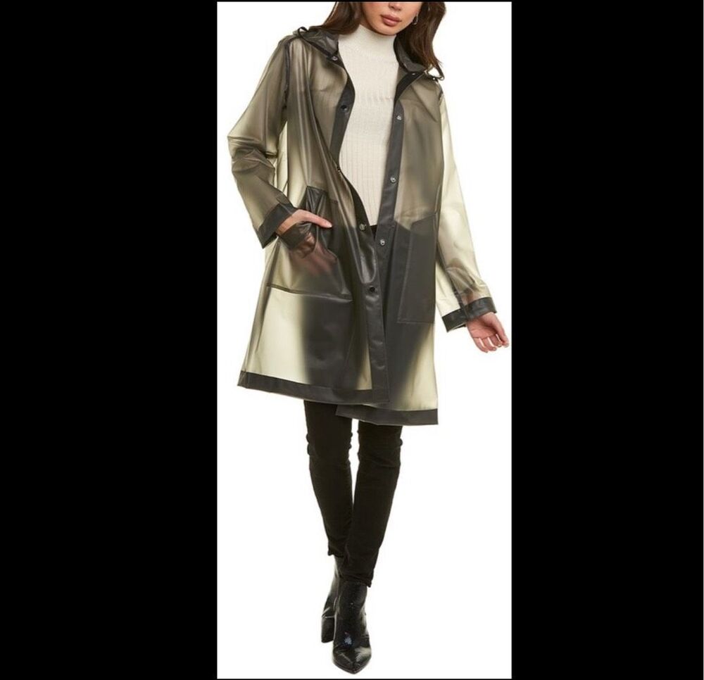 Jane Post $375 Translucent Rain Coat Smoke Hooded Womens Small NEW